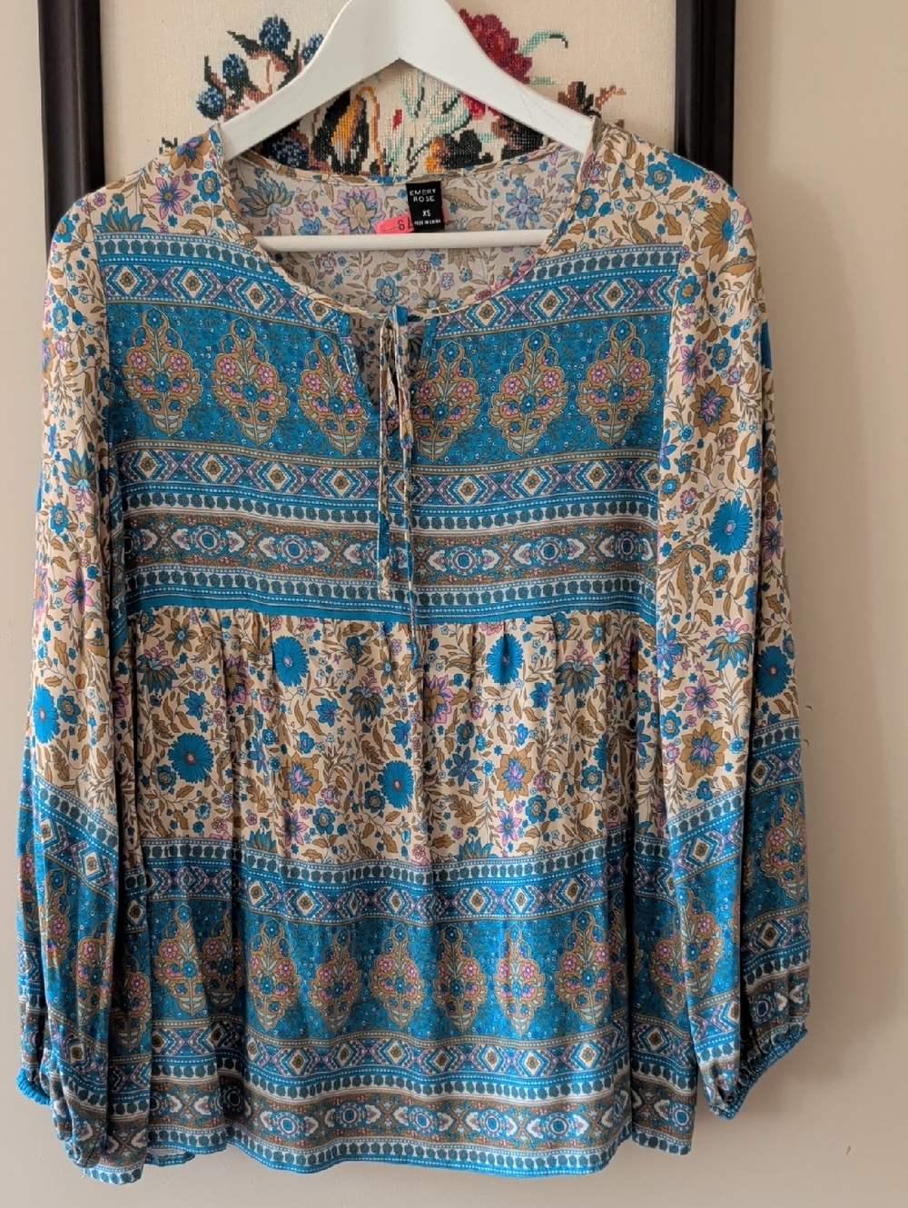 Boho Floral Tie-Front Peasant Blouse - Blue/Cream
